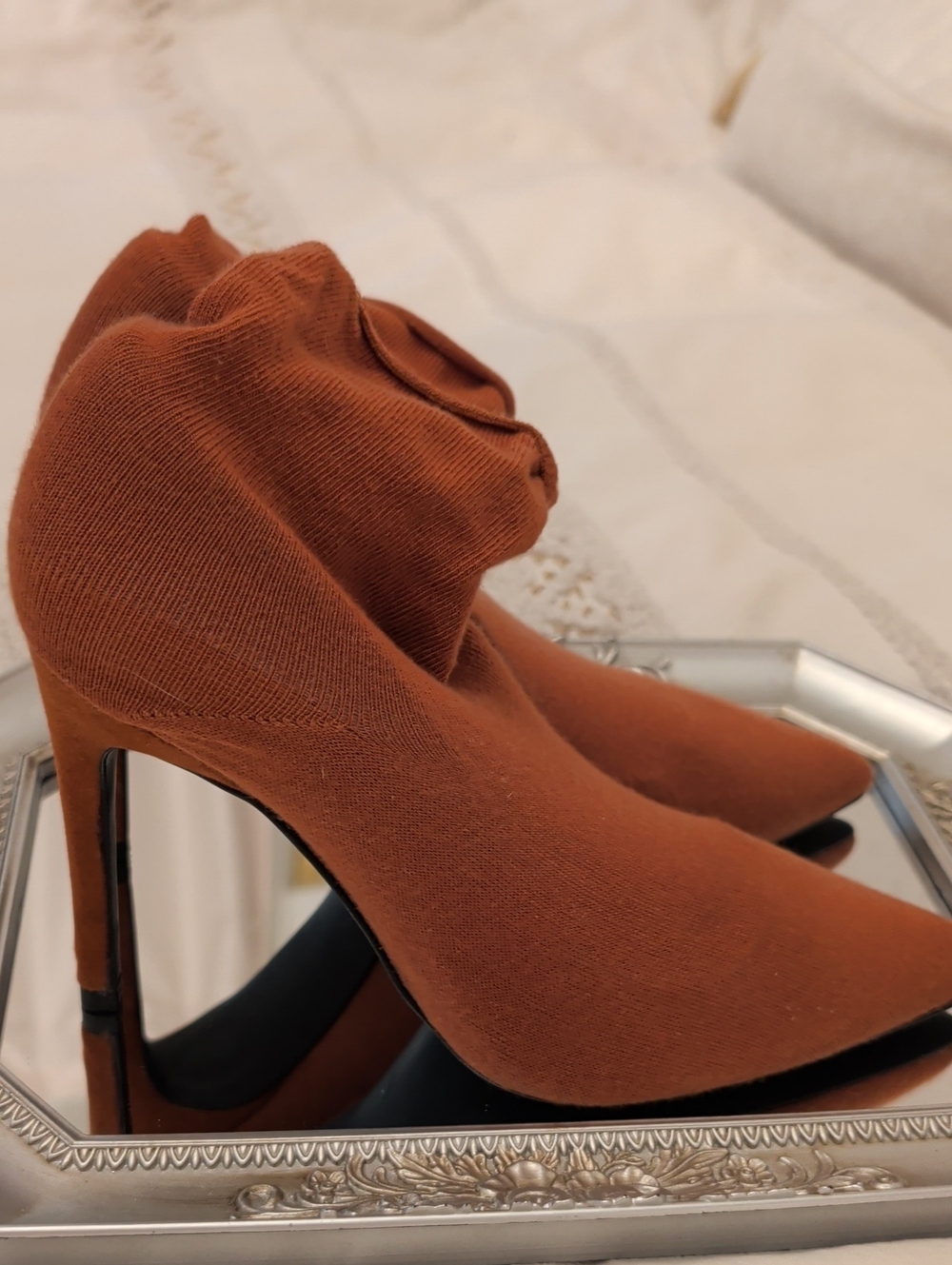 Zara Rust Brown Stretch Knit Pointed Ankle Heels